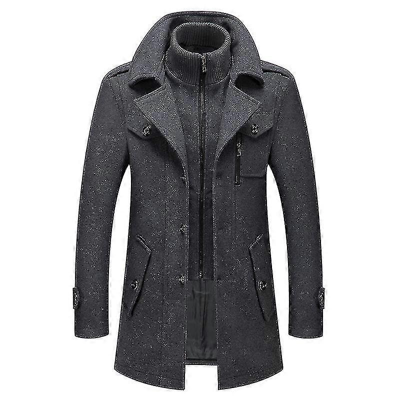 Mens Wool Trench Coat Mid Length Button Down Notched Lapel Jacket With Detachable Collar