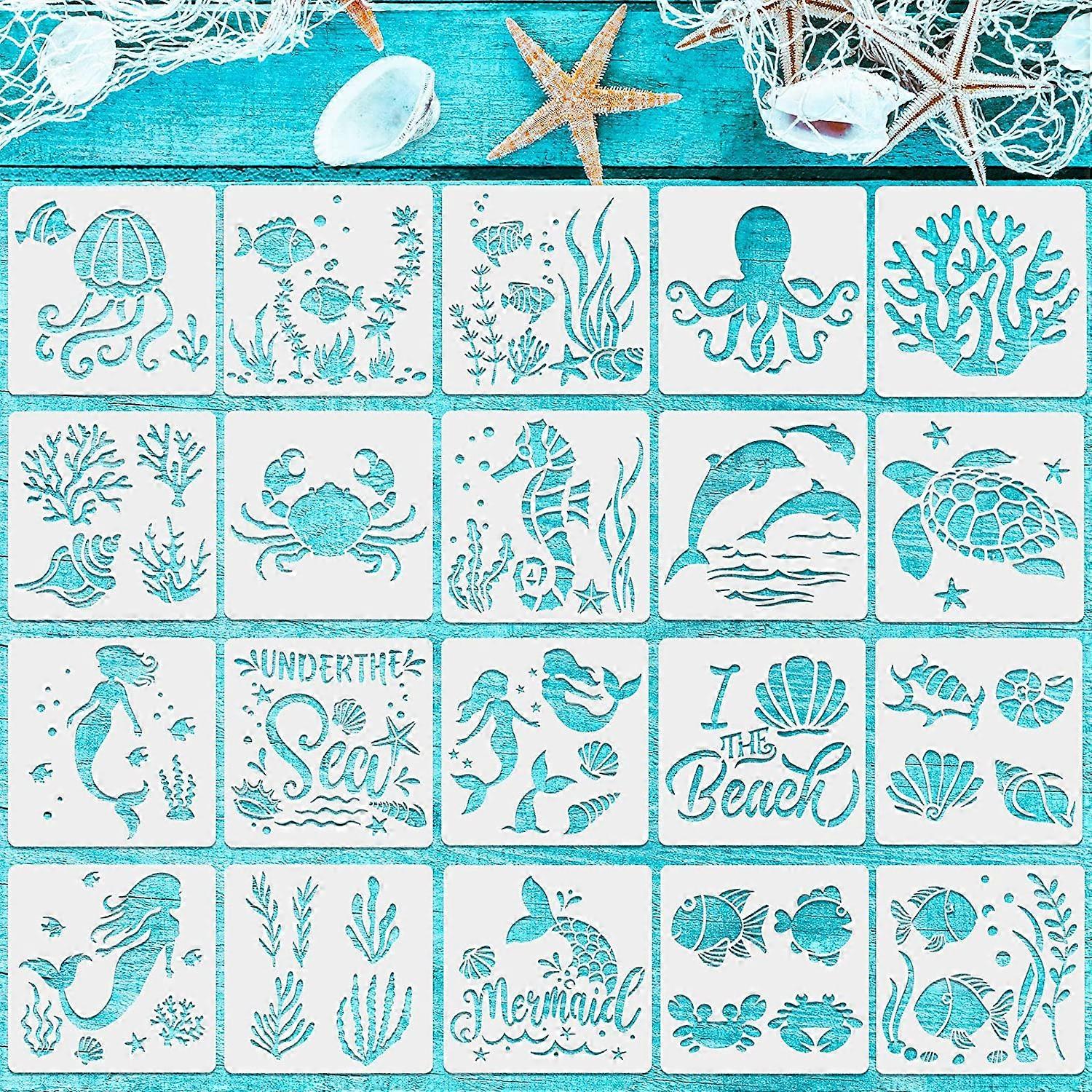 20ピースマーメイド海の海の生き物ステンシル海の絵画テンプレート再利用可能な海の動物の絵画ステンシルDIYクラフトScrabooking絵画ウー