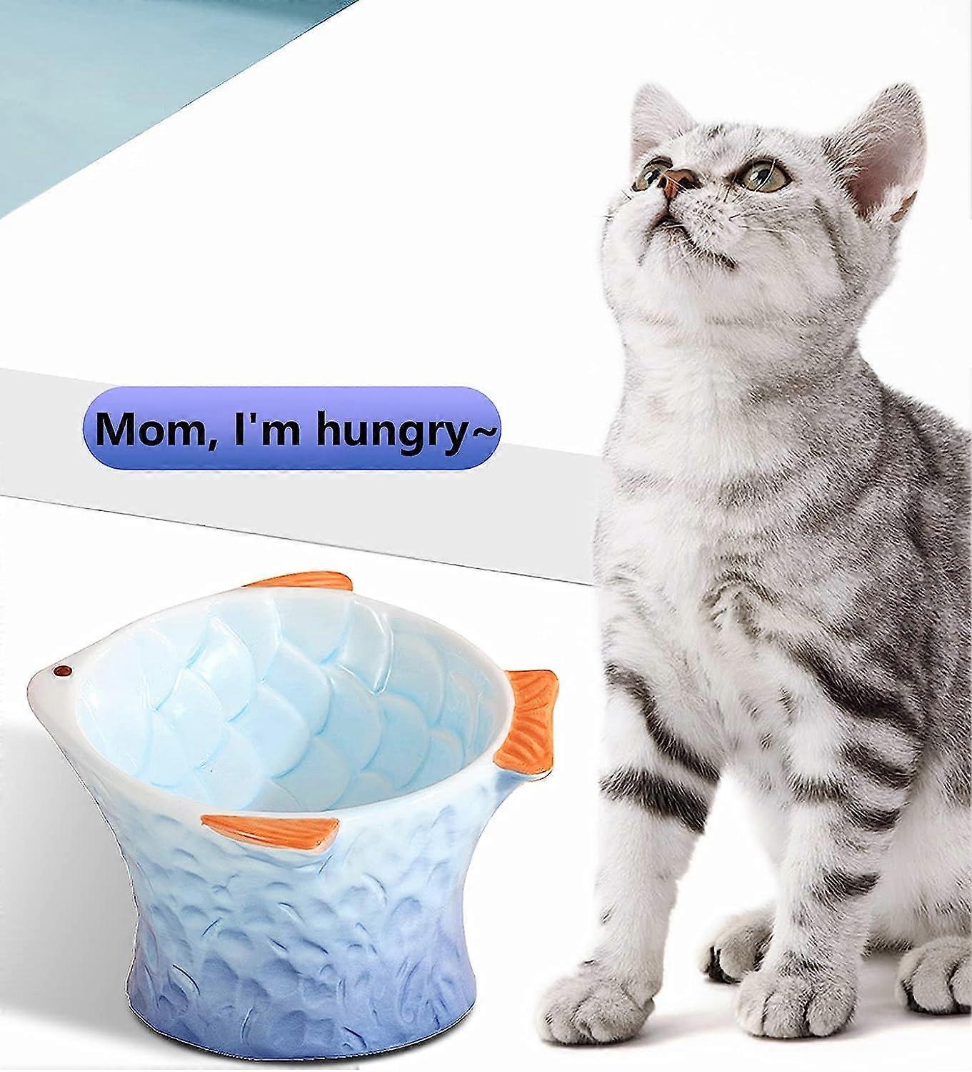 Raised Tilted Ceramic Cat Bowl - Cute Elevated Slanted Shallow Angled Cat Dish