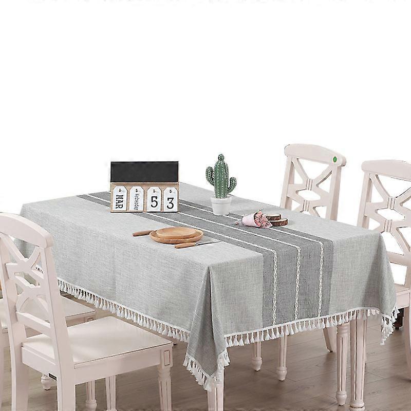 Toalha de mesa retangular de algodão e linho, sem rugas, com borlas, lavável