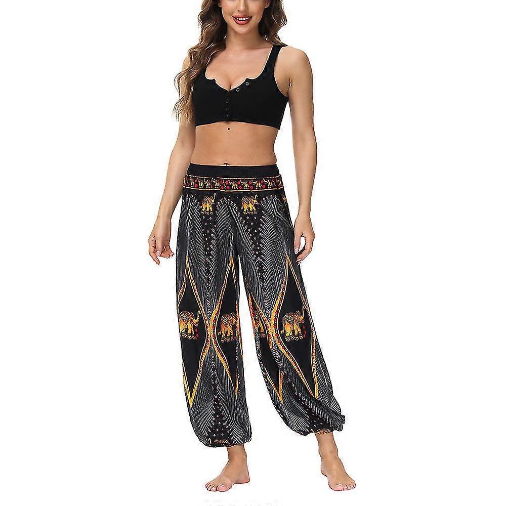Pantalón Boho Floral High Slit Mujer Pantalón Hippy Gitano Amarillo