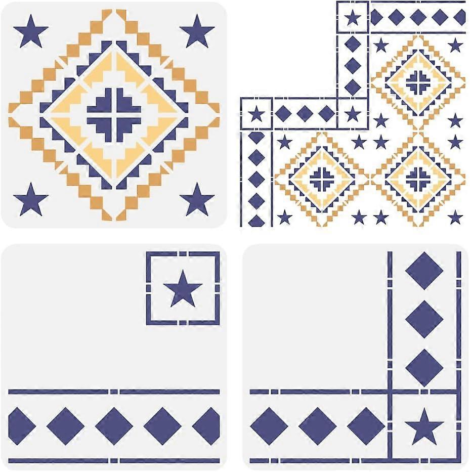 3 Pcs Floor Tile Stencil 11.8x11.8inch Reusable Star Mosaic Tiles Painting Template Border & Corners Stencil Concrete DIY Stencils for Patio Floor Til