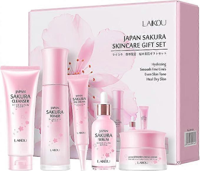 さくらスキンケアギフトセット、女性のための高級ガラス瓶スキンケアキット、10代の女の子、クレンザー、トナー、美容液、アイクリーム&モイスチャライザー、甘やかしギフト