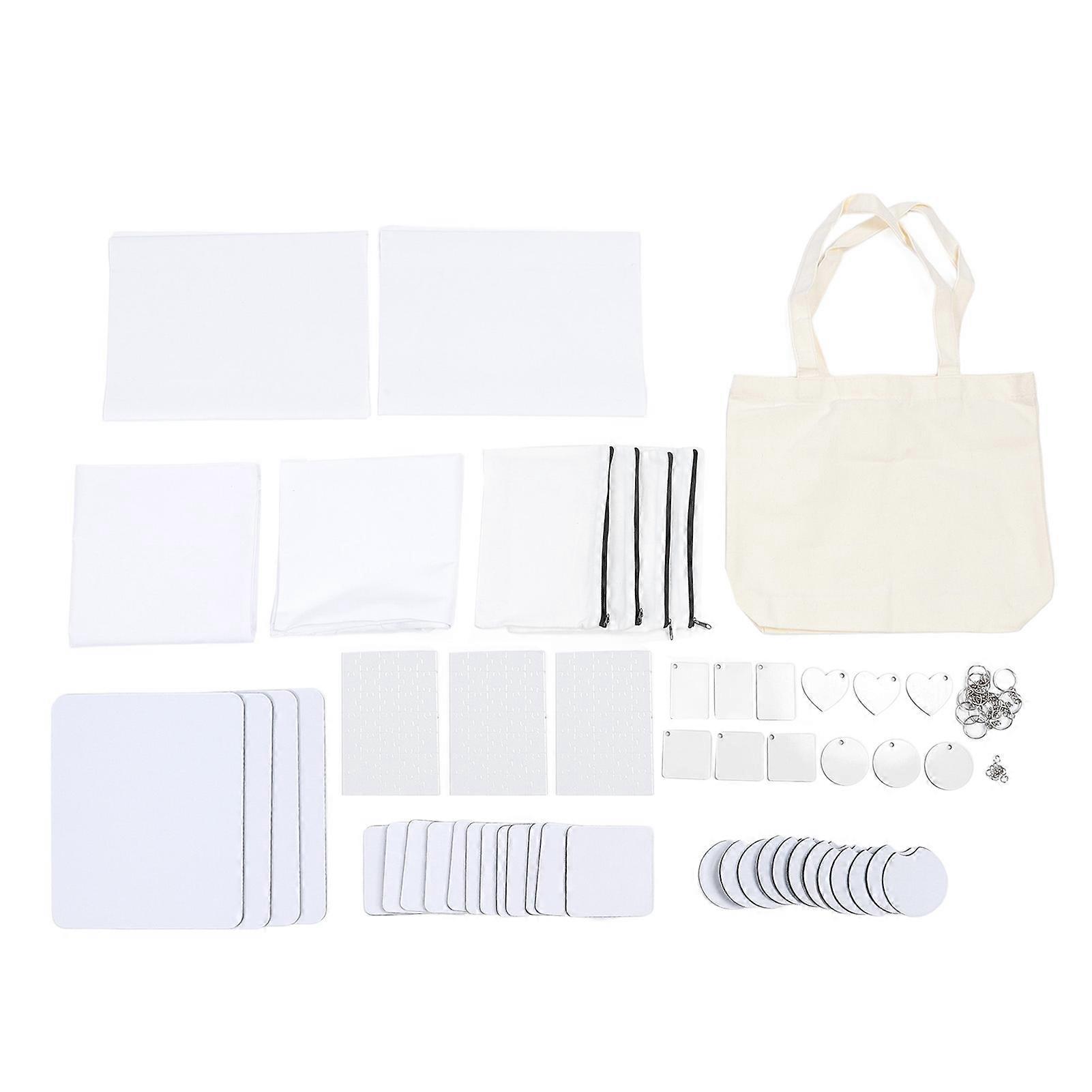 77PCS Sublimation Blank Set Heat Transfer Print Keychain Blanks for Makeup Bag Pillow Cover Mouse Pad Car Cup Mat