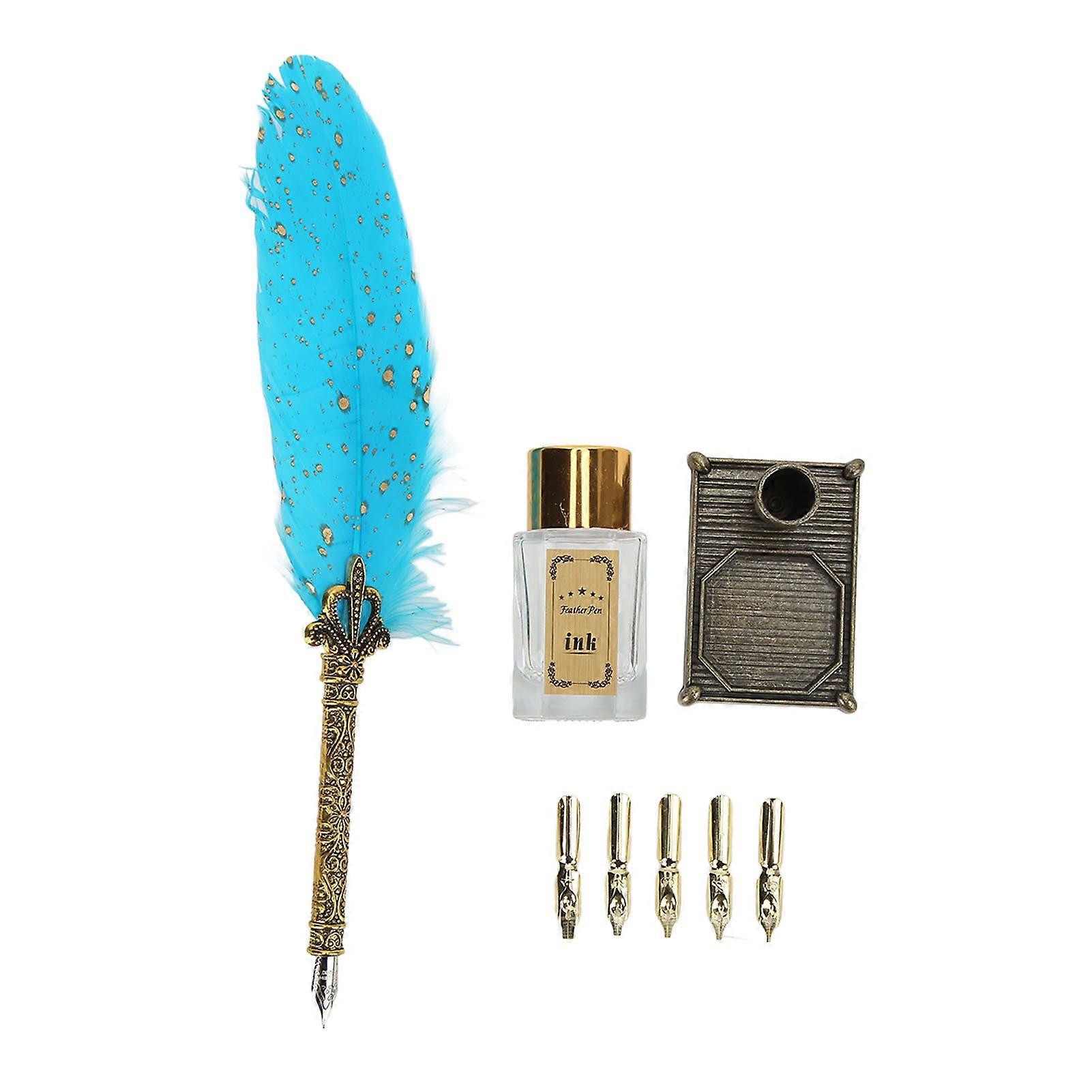 Feather Pen Soft Texture Zinc Alloy Engraved Nib Vintage Style DIY Making Calligraphy Dip Pen Set for Art Writing