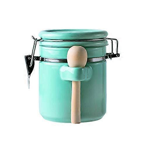 Porcelain Airtight Jar with Valve for Coffee, Tea, Sugar, Spices and Candy Storage - 30 oz with Lid and Spoon