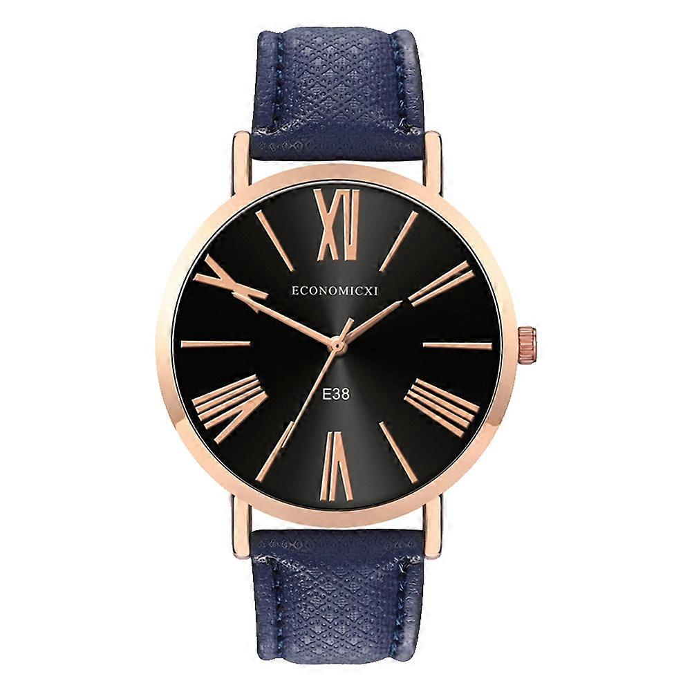 Unisex PU Strap Round Dial Wrist Watch Analog Display Women Men Quartz Watch(Black Blue)