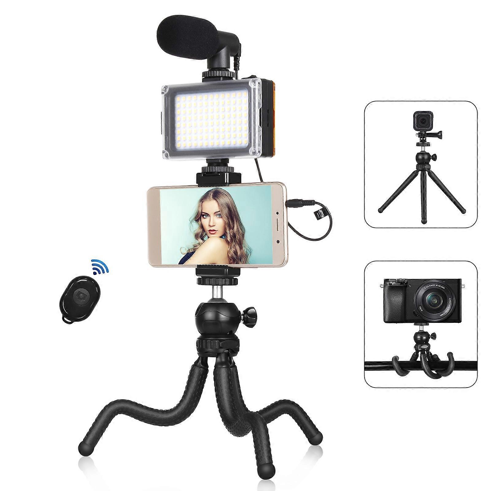 PULUZ 4 in 1 Vlogging Live Mini Octopus Bracket Kit + Studio Light + Microphone + Phone Clamp Kits(Black)