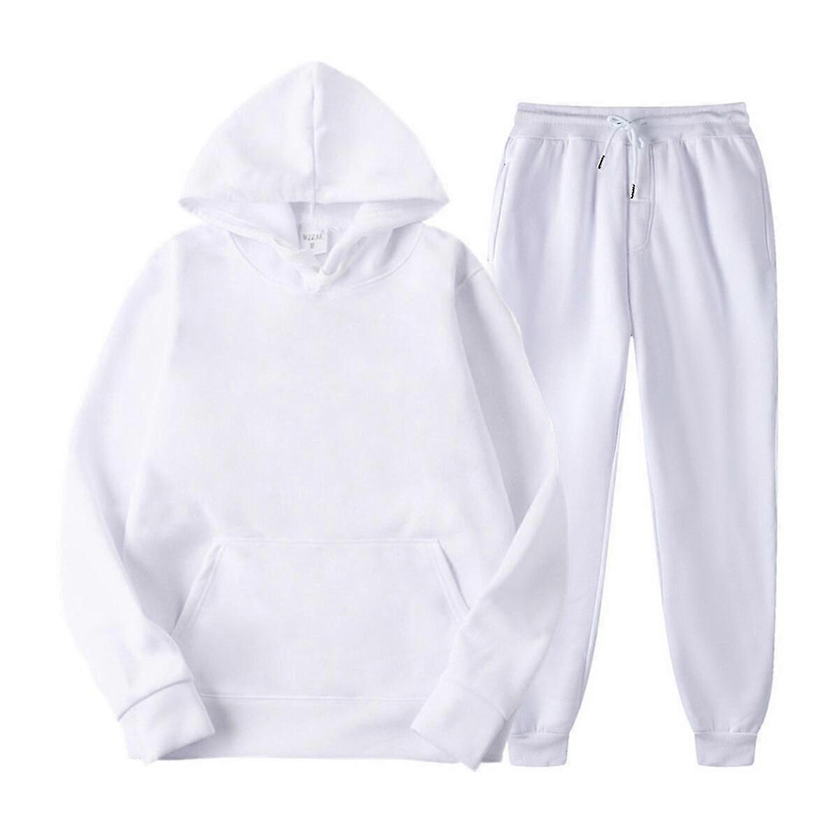 Qin Sliktaa Mens 2 Piece Set Hooded Sports Sweatshirt and Pants White XS