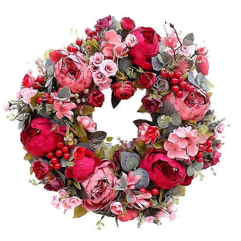 Corona decorativa della porta, corona di fiori con testa di peonia di seta 40 cm ghirlanda fatta a mano per l'esposizione all'aperto autunno inverno rosso JP