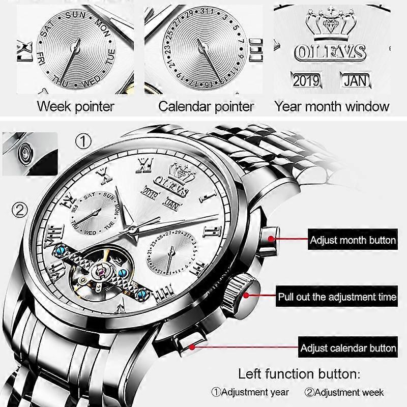 OLEVS 6607 Multifunktions Män Stort Svänghjul Automatisk Vattentät Mekanisk Klocka