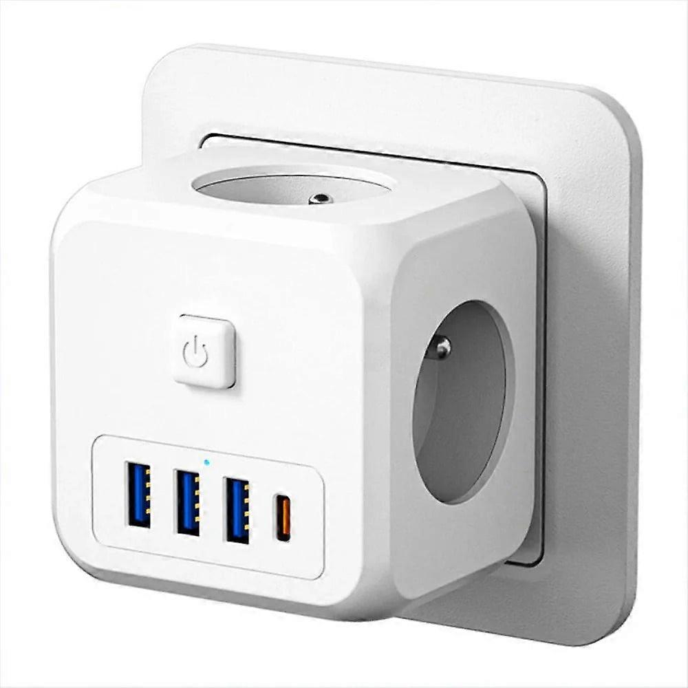 7-Port Power Strip, White, 3 Ac Outlets, 3 Usb-a, 1 Usb-c, 4000w, Compact Eu Plug, Fast Charging, Portable Design