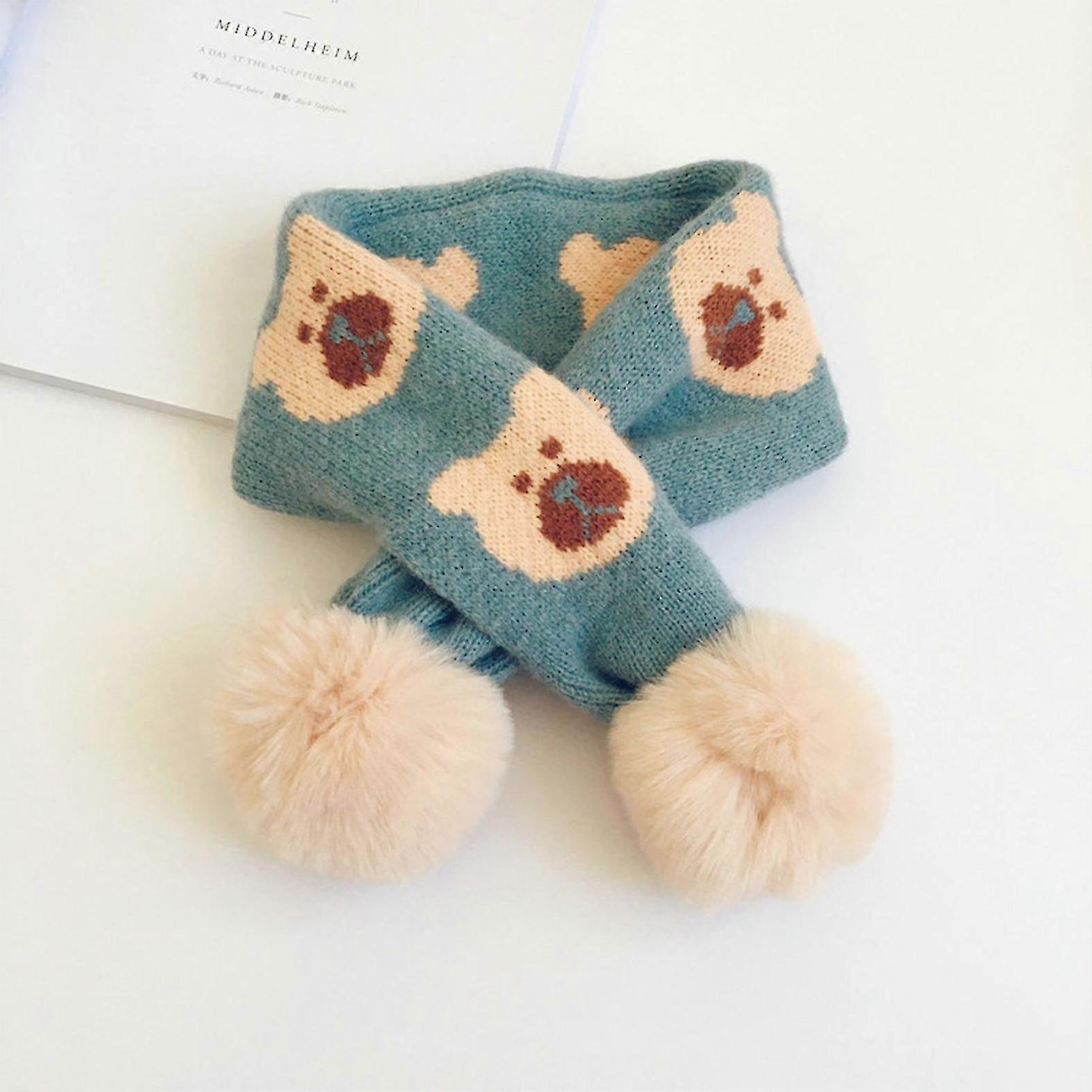 Scarf, Pink Knit Scarf with Teddy - Bear Patterns and Grey Pom - Poms