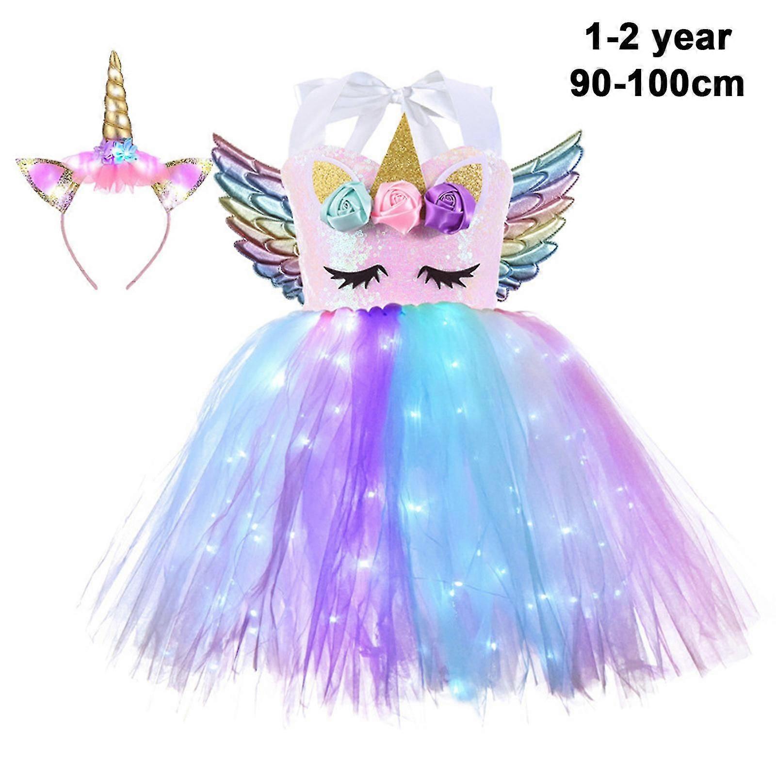 Unicorno costume led illuminare principessa tutù vestito con fascia e ali per ragazze Rosa 90-100cm