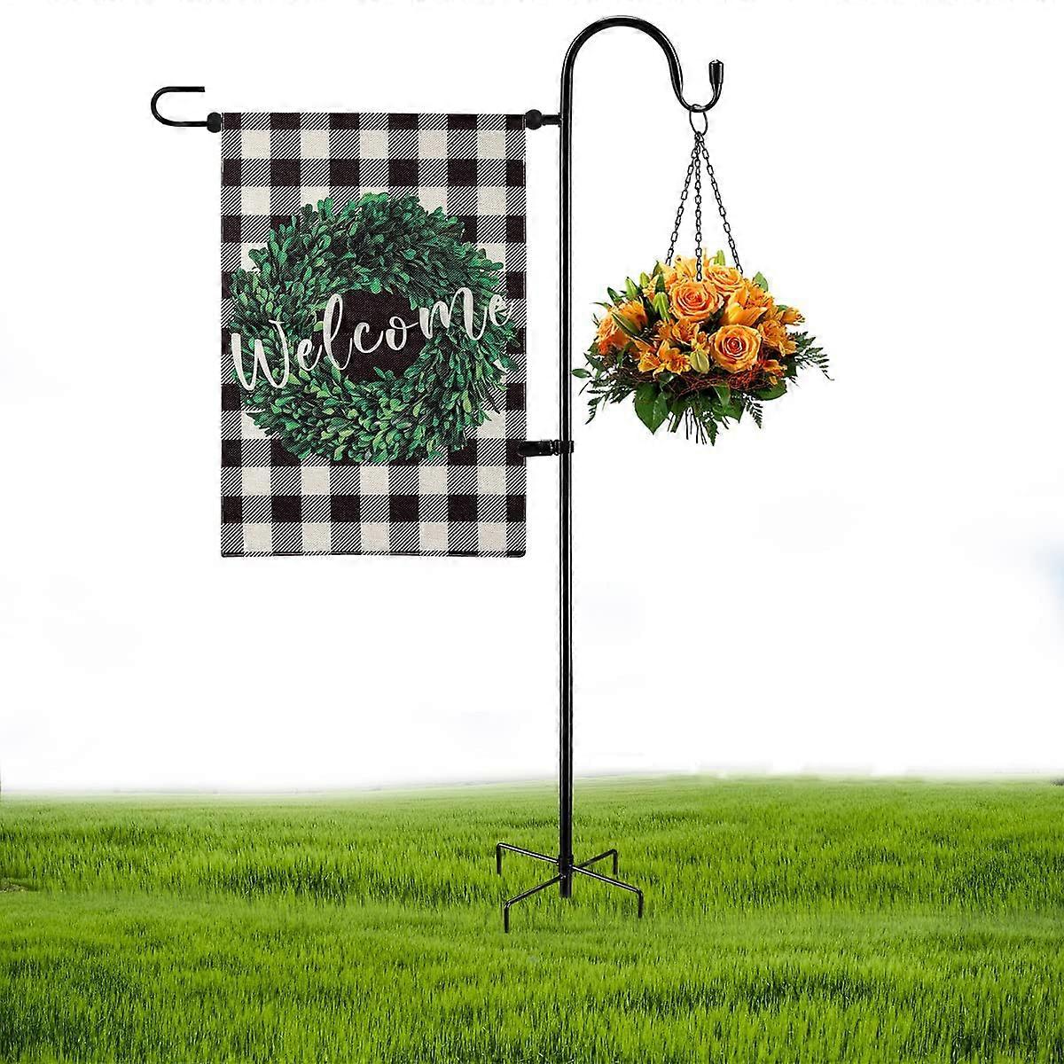 Garden Flag Holder Stand and Shepherds Hooks, 48 Inch Height with 1/2 Thick Metal Pole