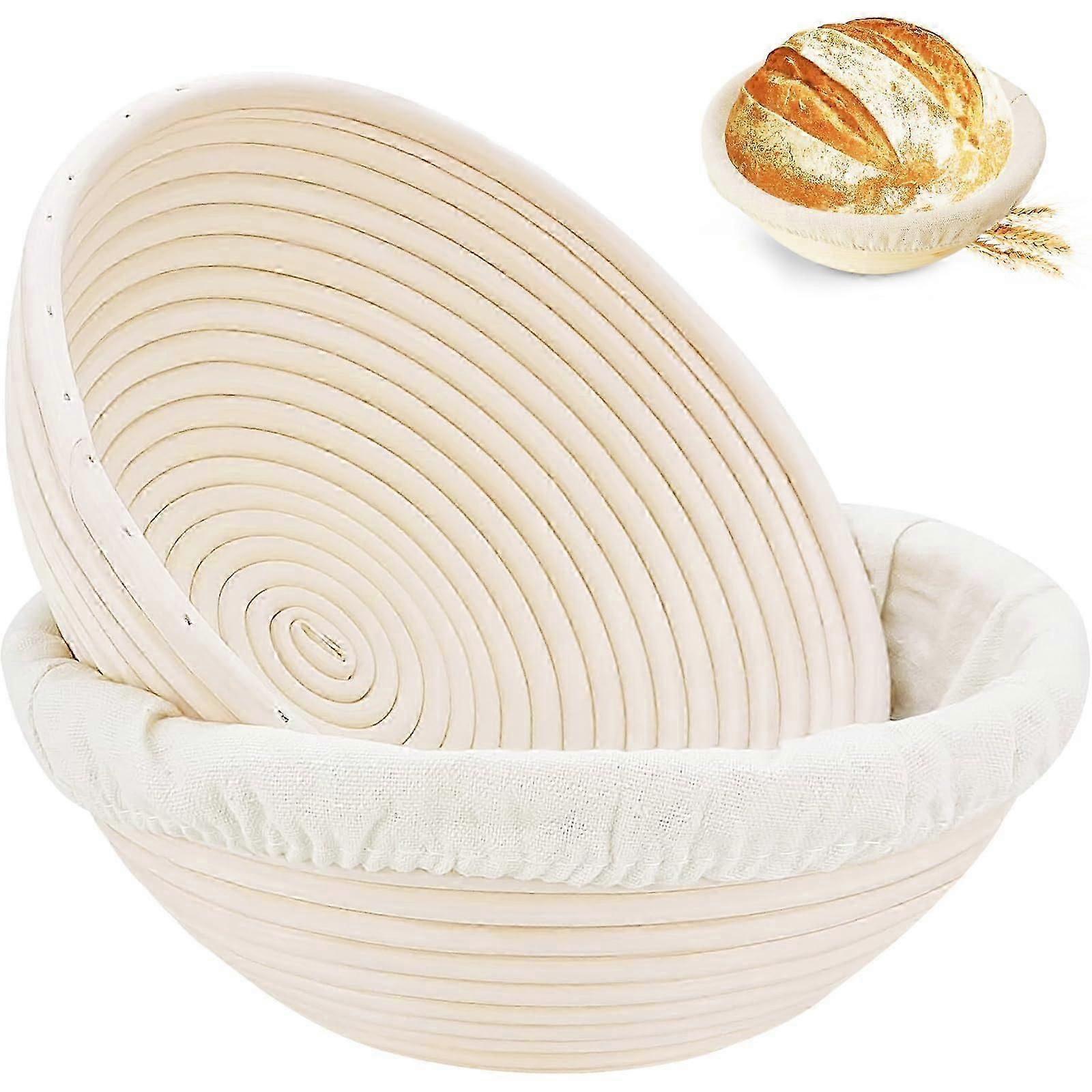 Bread Proofing Basket, Basket Set of 2, 9 inch Sourdough Proofing Basket Round Proofing Bowls Handmade Rattan Baskets and Liners, Artisan Sourdough