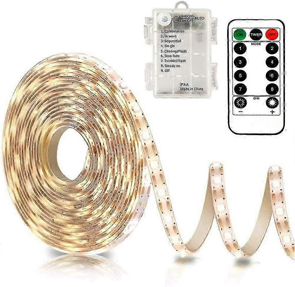 3m Battery LED Strip Lights with Remote Control, 90 LED Lights Strip Waterproof, 8 Modes, Dimmable, Timer, Self-Adhesive, Cuttable(Warm White)
