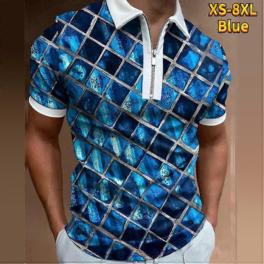 Camiseta casual com lapela, camiseta com zíper para jovens, camiseta de manga curta masculina com estampa de linha rosa 3D.