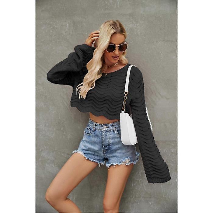 Herbst und Winter Damen Pullover Mode Einfarbig Hohle Welle Muster Kurzer Abschnitt Pullover Strickpullover