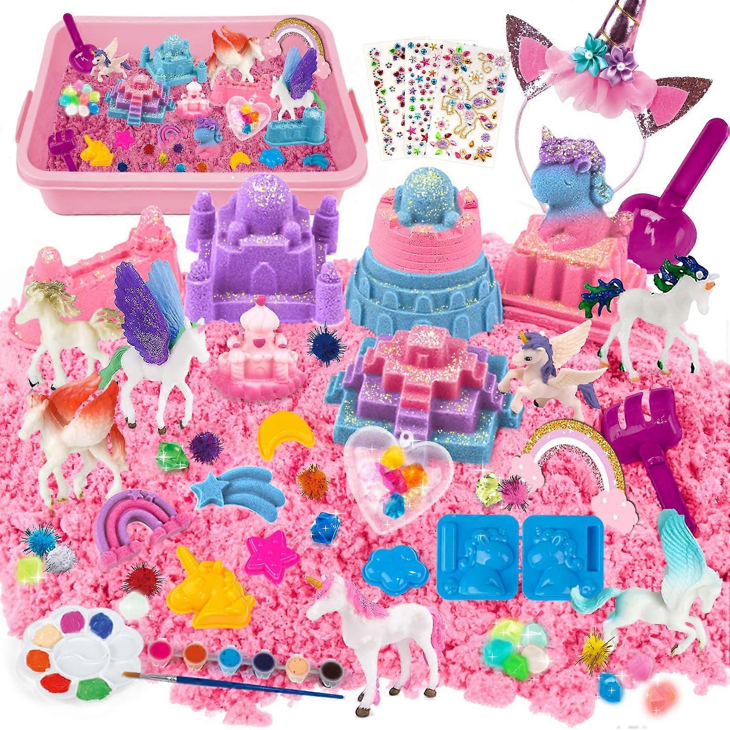 Unicorn Sensory Bin, 3 Colors Magic Play Sand Art Kit w/Sandbox, 13 Castle Unicorn Mold, DIY Paint Stickers, Gift for 38