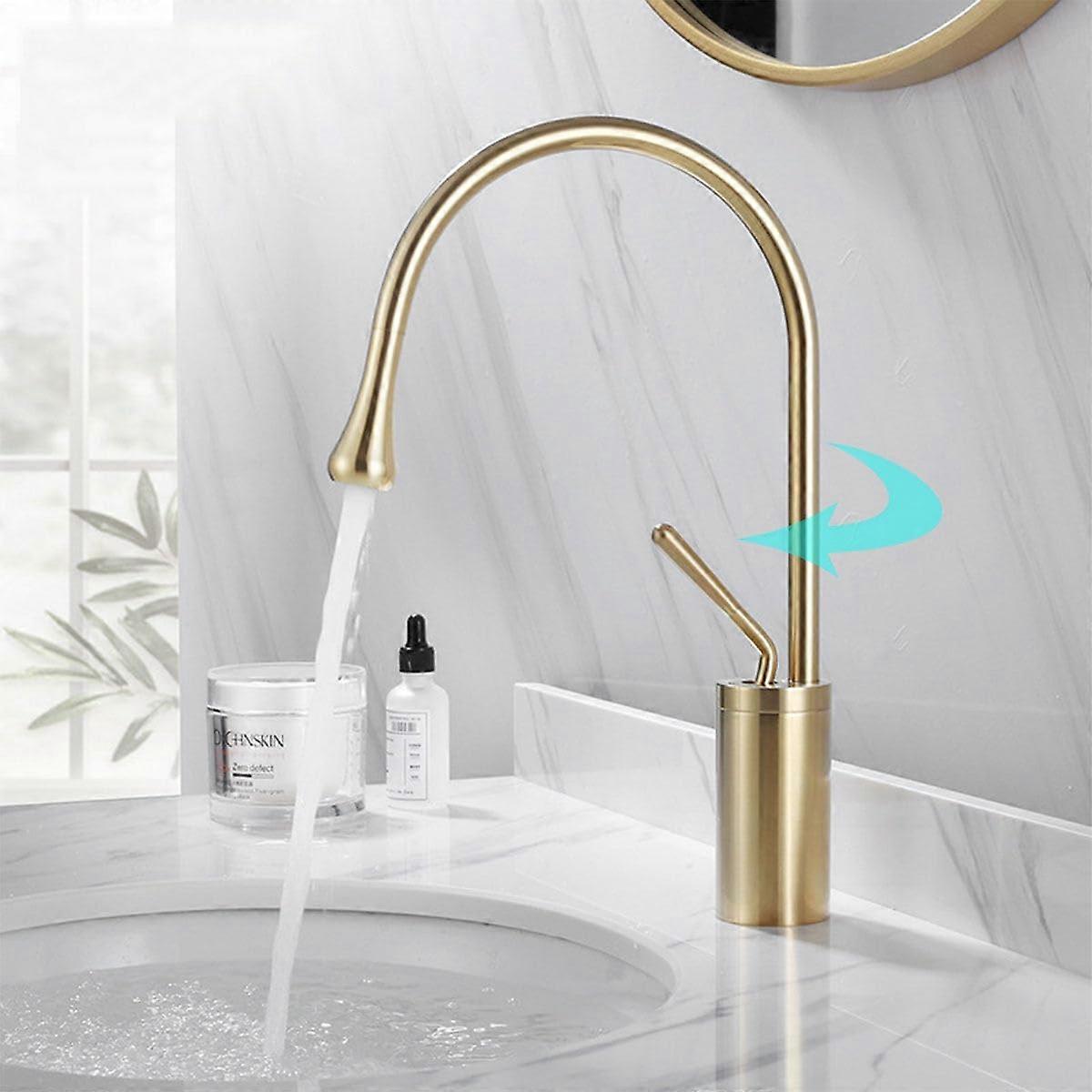 Modern light luxury 360° swivelable washbasin faucets with waterdrop design, brass mixing faucet, single handle brushed gold