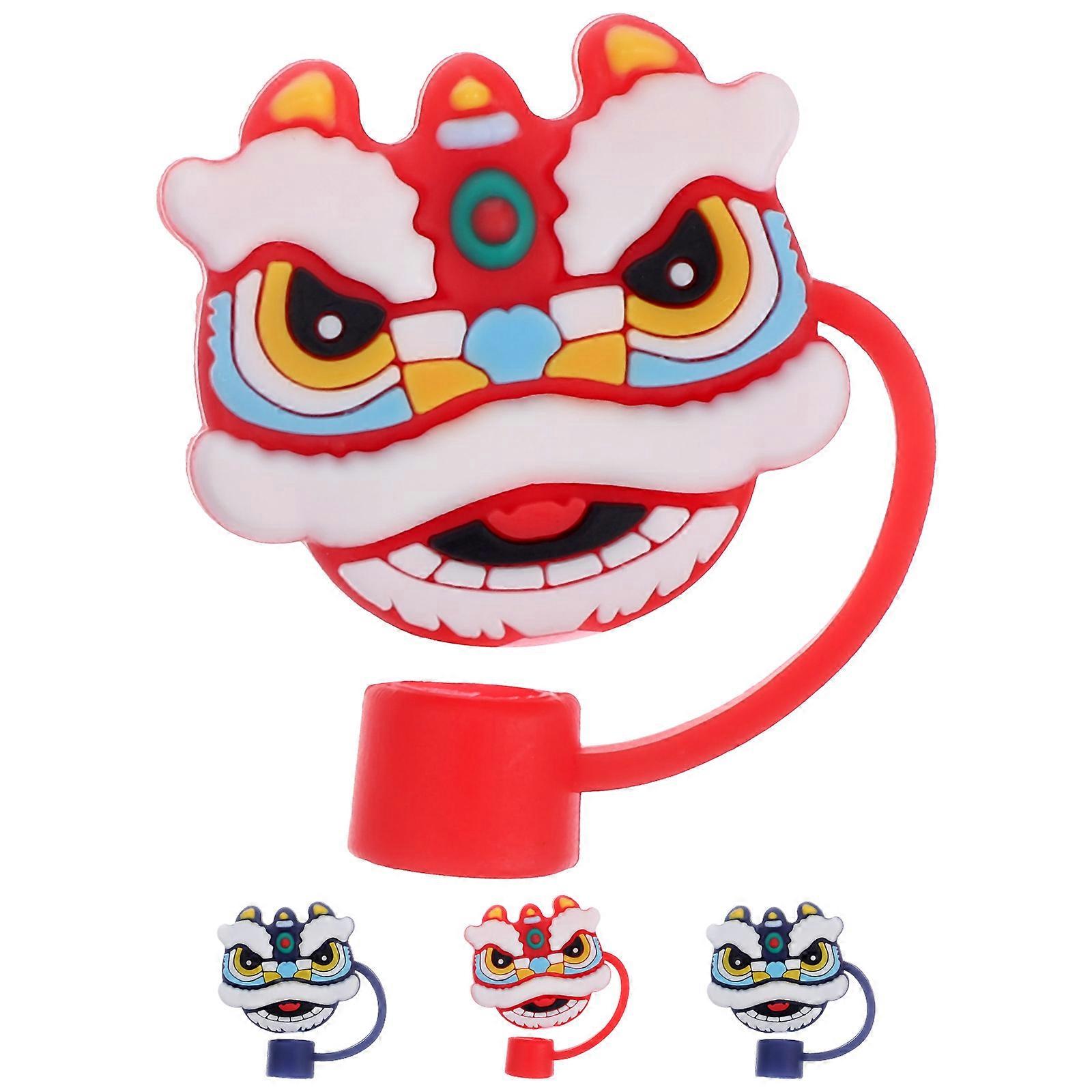 Tumbler Straw Cover Chinese Lion Head Straw Toppers Airtight Seal For Birthday Parties 4Pcs