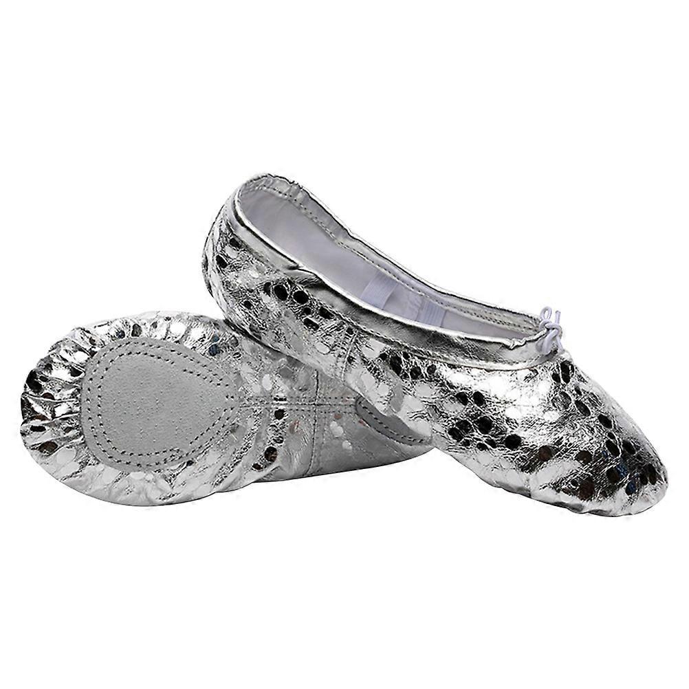 Practice Dance Shoes Good Absorption Streamlined Fit Glitter Leather Silver 1 Pair