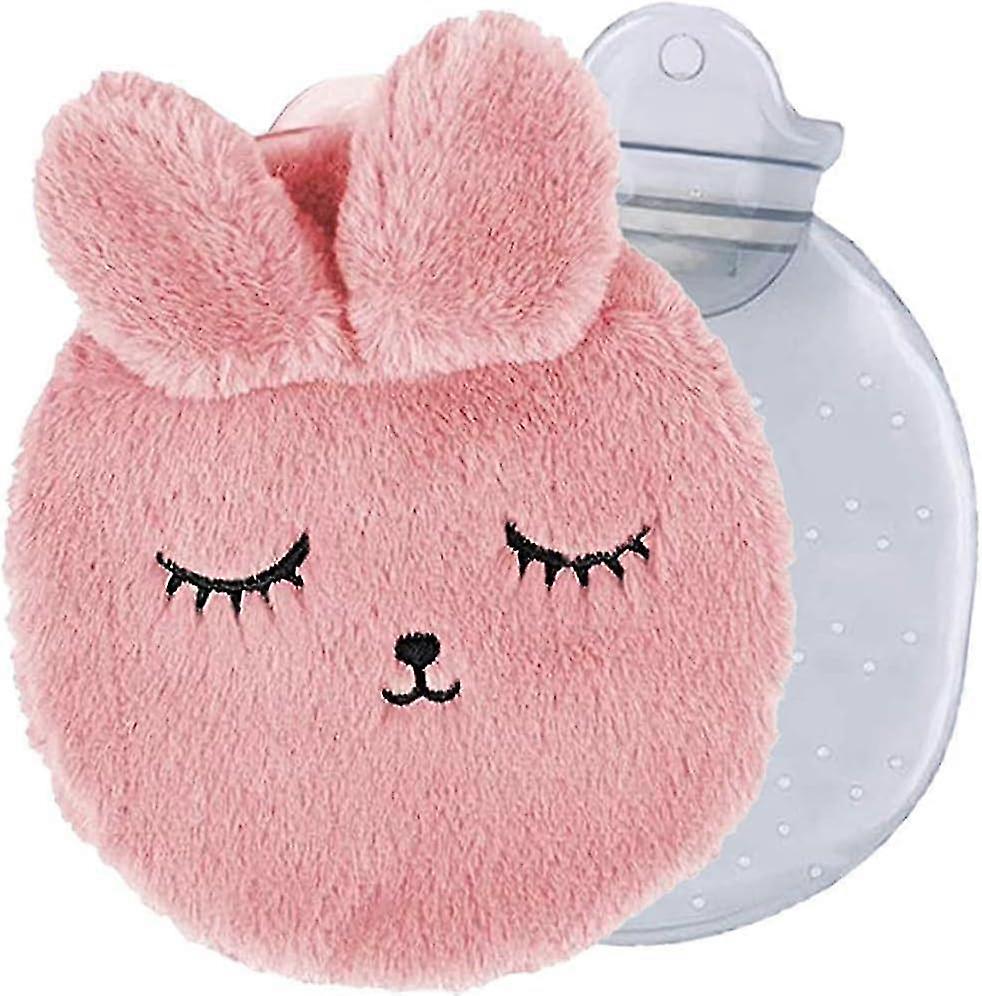 Plush hot water bottle suitable for certain brands, featuring a removable and washable cover, in pink color designed for comfort and warmth.