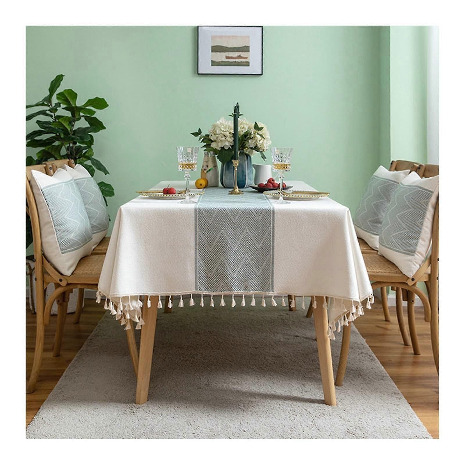 Rectangular Tablecloth 140x240 cm, Polyester Washable Wavy Striped with Fringe, Beige Green