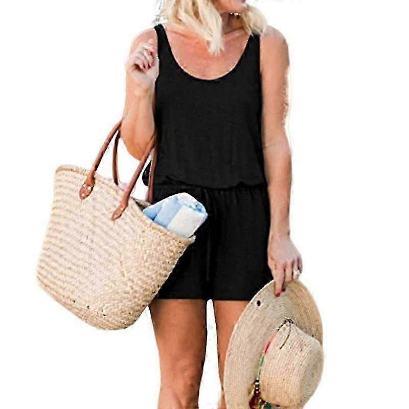 Women Summer Romper O Neck Sleeveless Solid Color Drawstring Elastic Waist Loose Pure Color Casual Daily Wear Beach Short Romper
