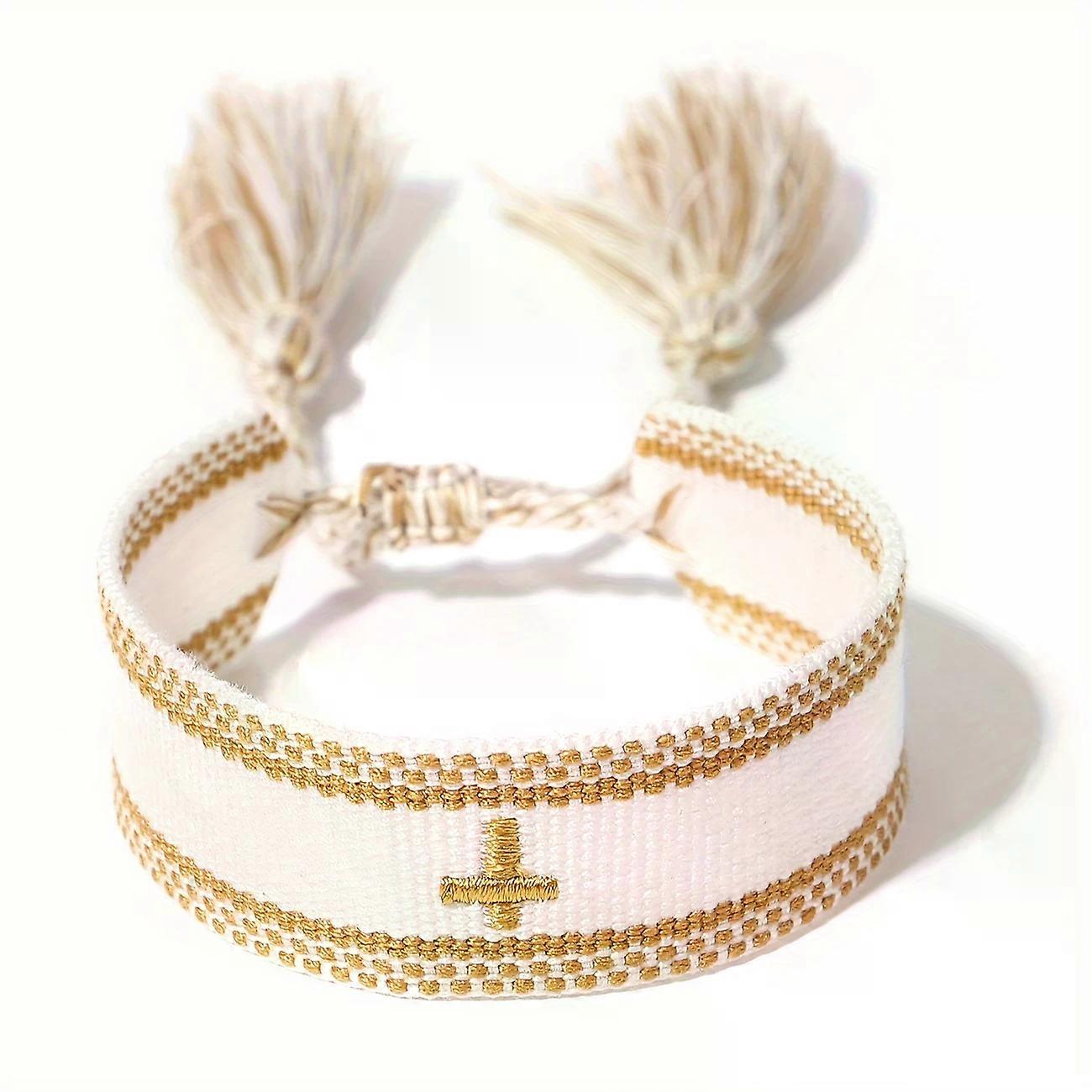 1db állítható boho bojt hímzett kereszt mandzsetta karkötő | Barátság csuklópánt férfiaknak és nőknek, ideális napi viselet vagy ajándék