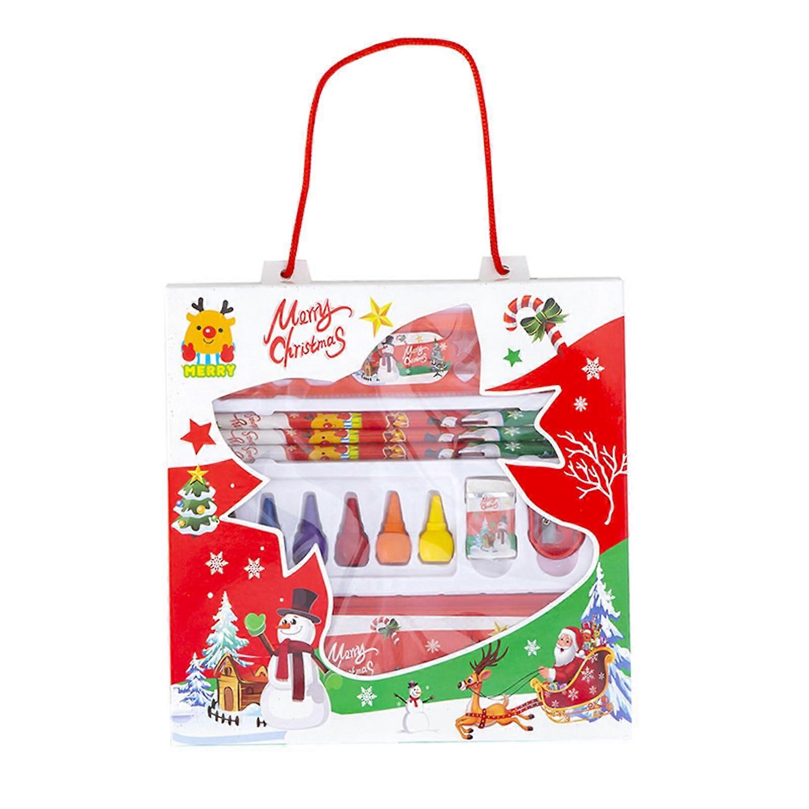 8pcs Student Stationery Set Christmas Stocking Stuffers Christmas Pen Case Wooden Pencil Colored Pencil Eraser Sharpener Ruler Notebook and Pencil Set