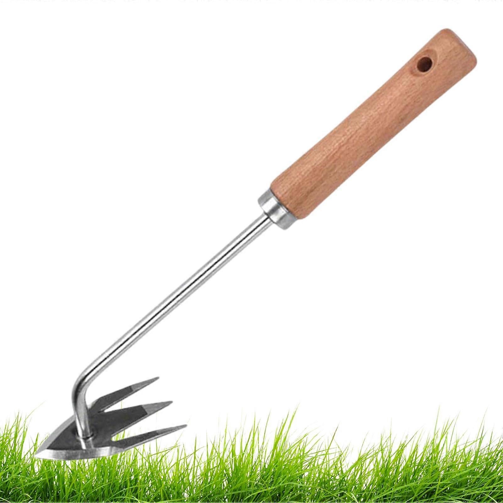 Hand Weeder Ergonomic Three-Tined Root Removal Tool With Wooden Handle For Vegetable Beds, Flower Beds, Lawn & Garden