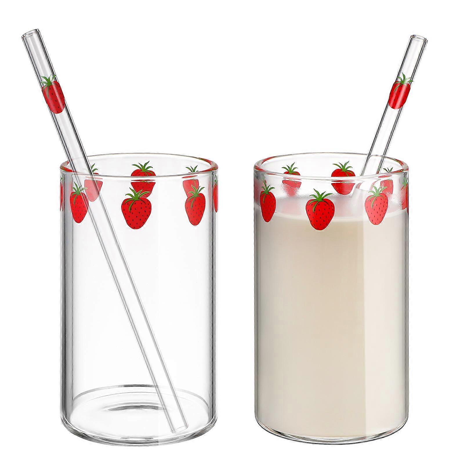 It looks like you're describing a product listing for **glass cups**—specifically a **2 set of strawberry themed glass cups with straws**, suitable