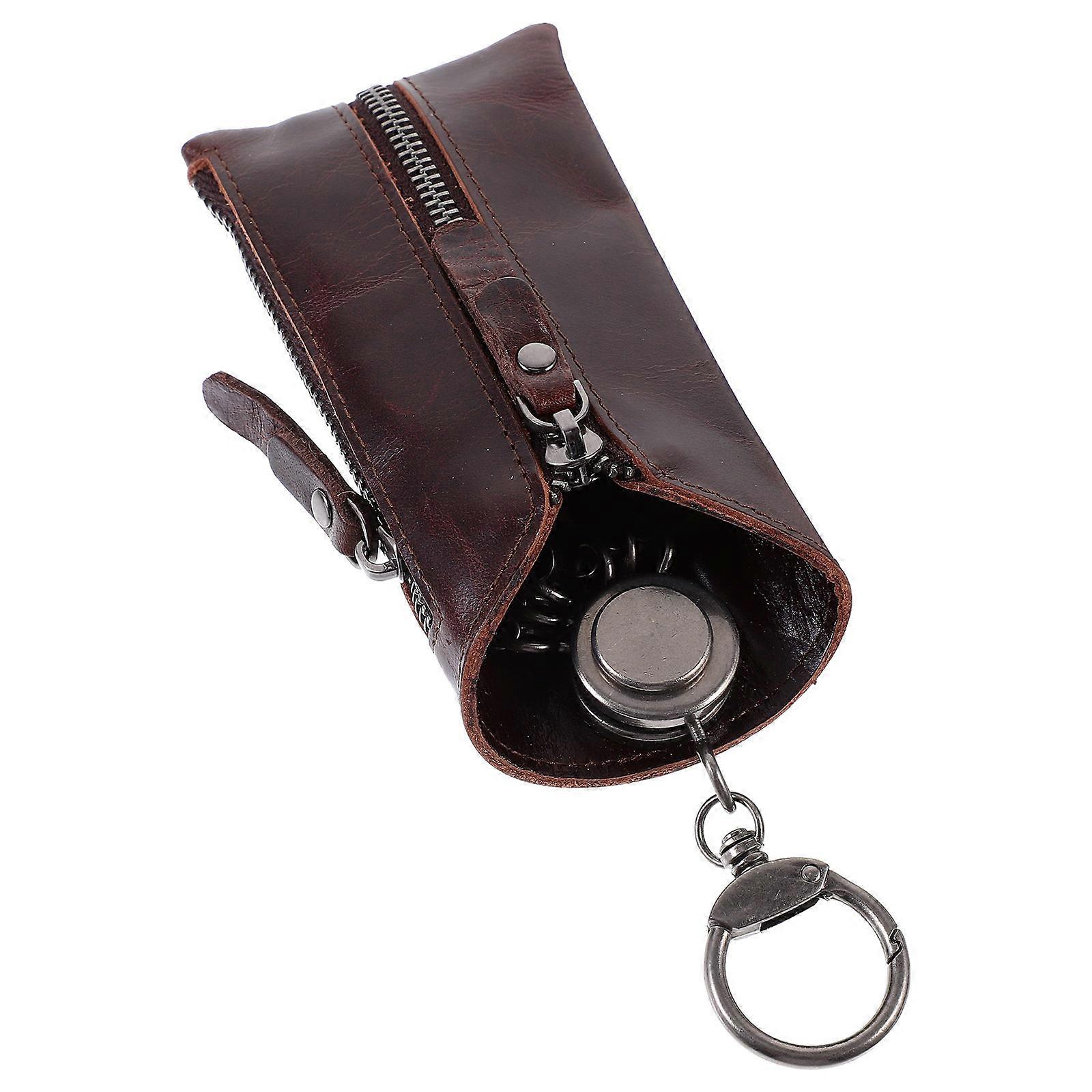 Brown Key Holder Case with 6 Keyrings for Storing Keys Made of Durable Cowhide Lightweight Compact Size