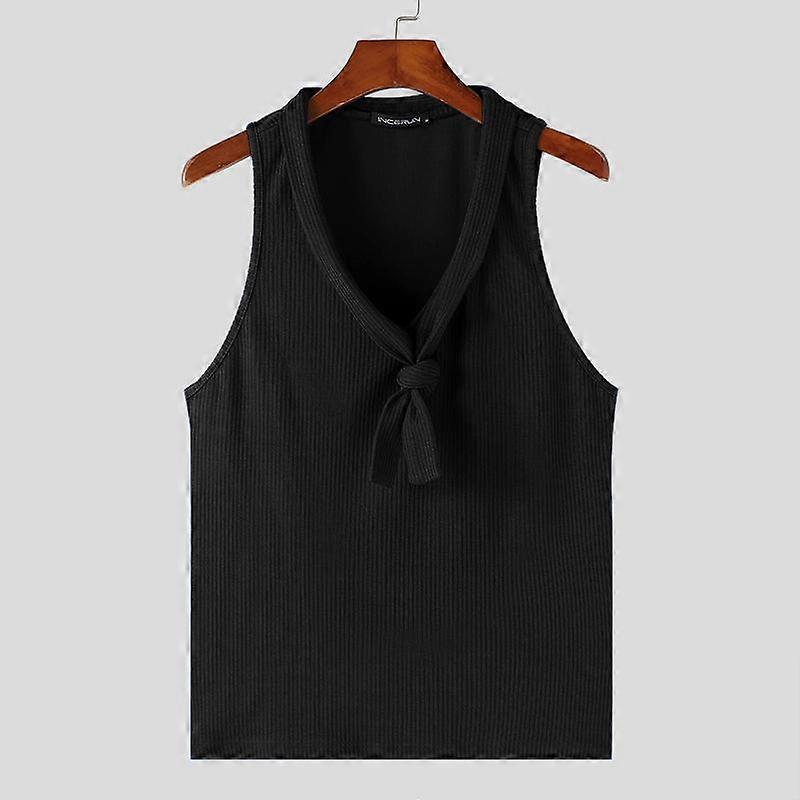 INCERUN Men Halter Deep Neck Sleeveless Vest Solid Knitted Tie Up Tanks