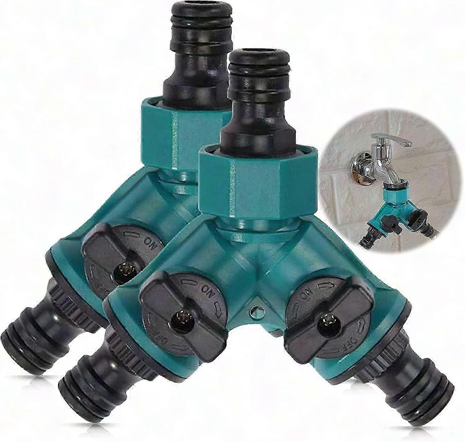 2 Way Garden Hose Splitter with Shut Off Valve - 3/4" Quick Connector for Water Tap & Faucet Adapter