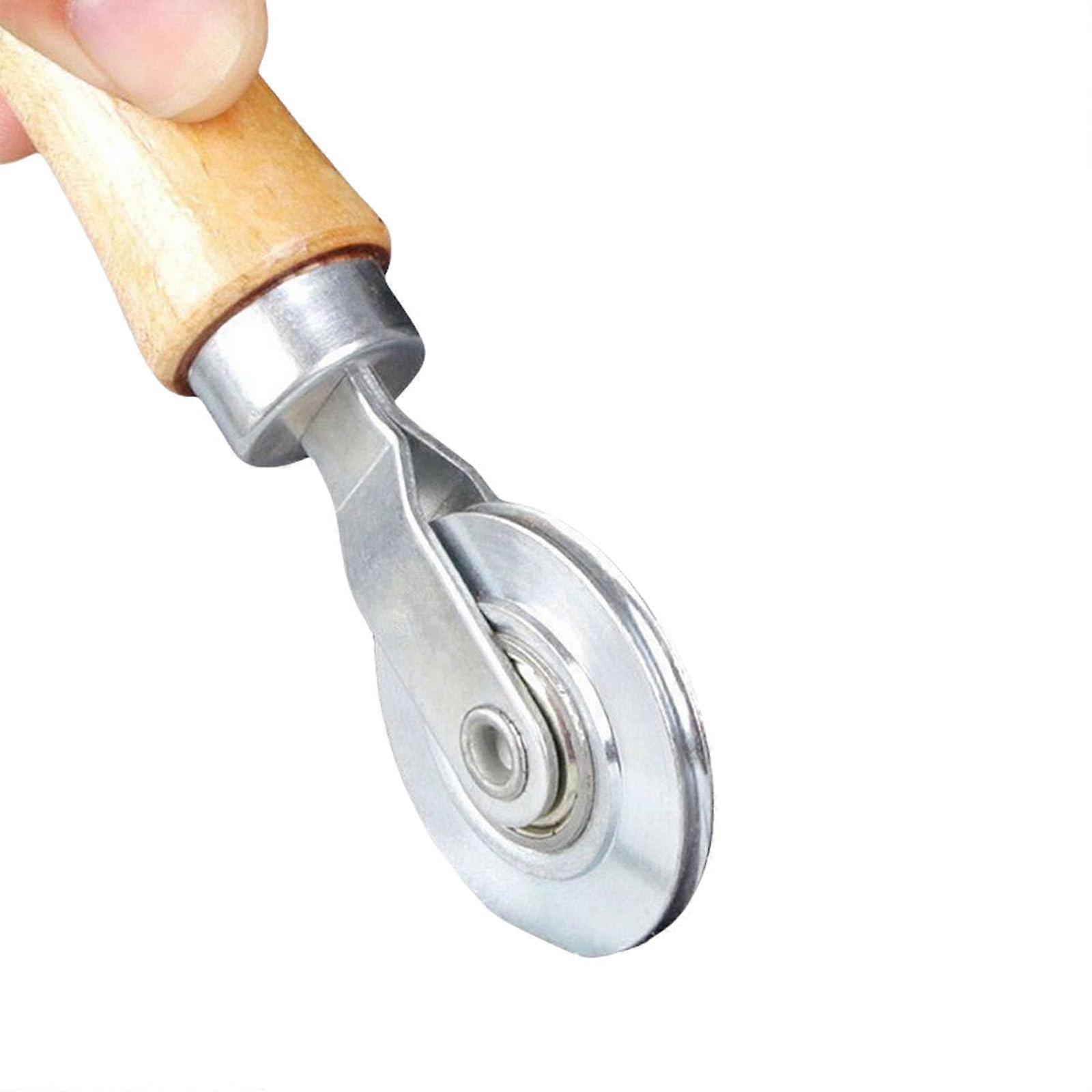 Stable mounting tool for fly screen doors with wooden handle and metal wheel for easy window pane replacement, 1 x wooden yarn press.