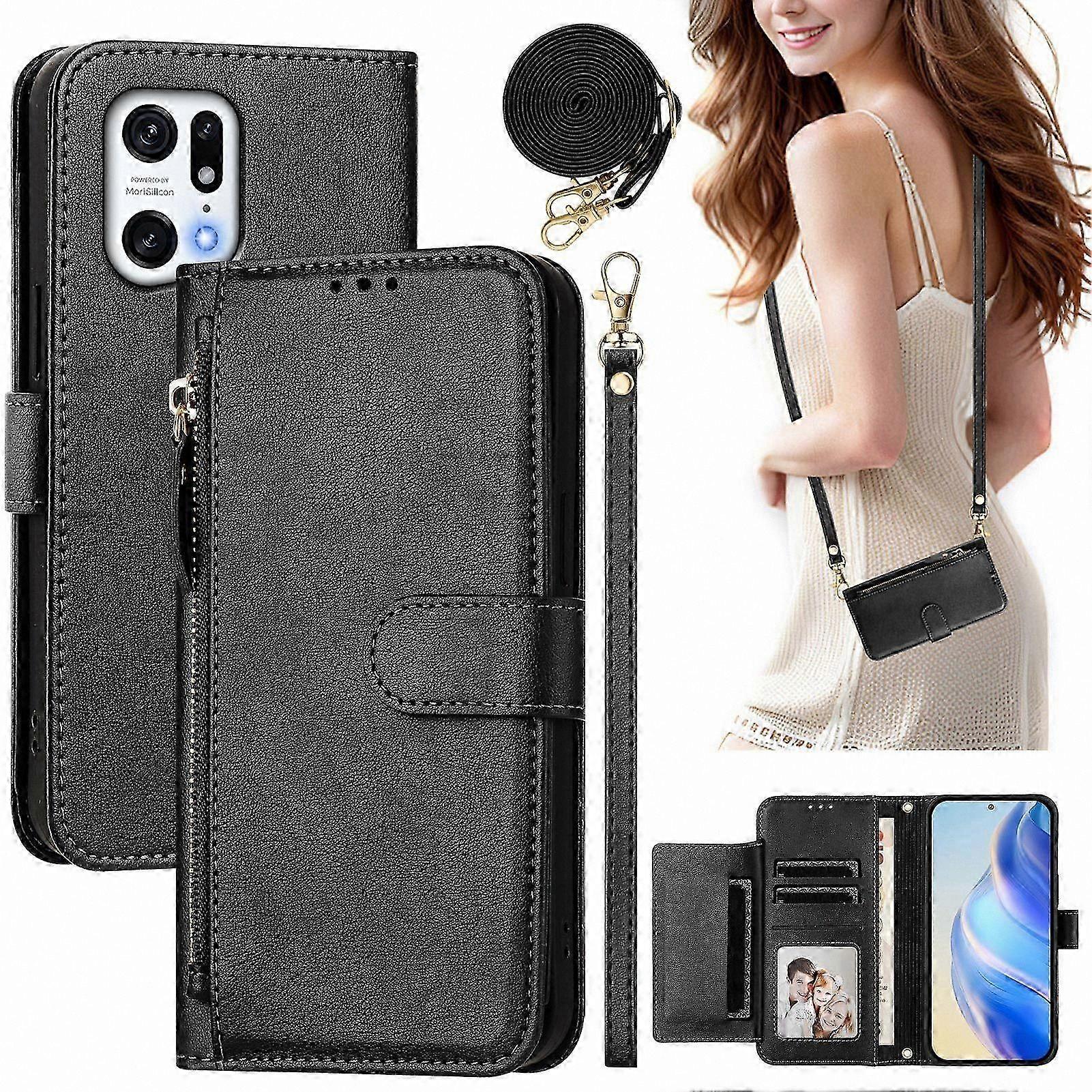 Zipper Wallet Case with Card Holder and Long Strap for Find X5 Pro Soft PU Leather Cover Protection Solution