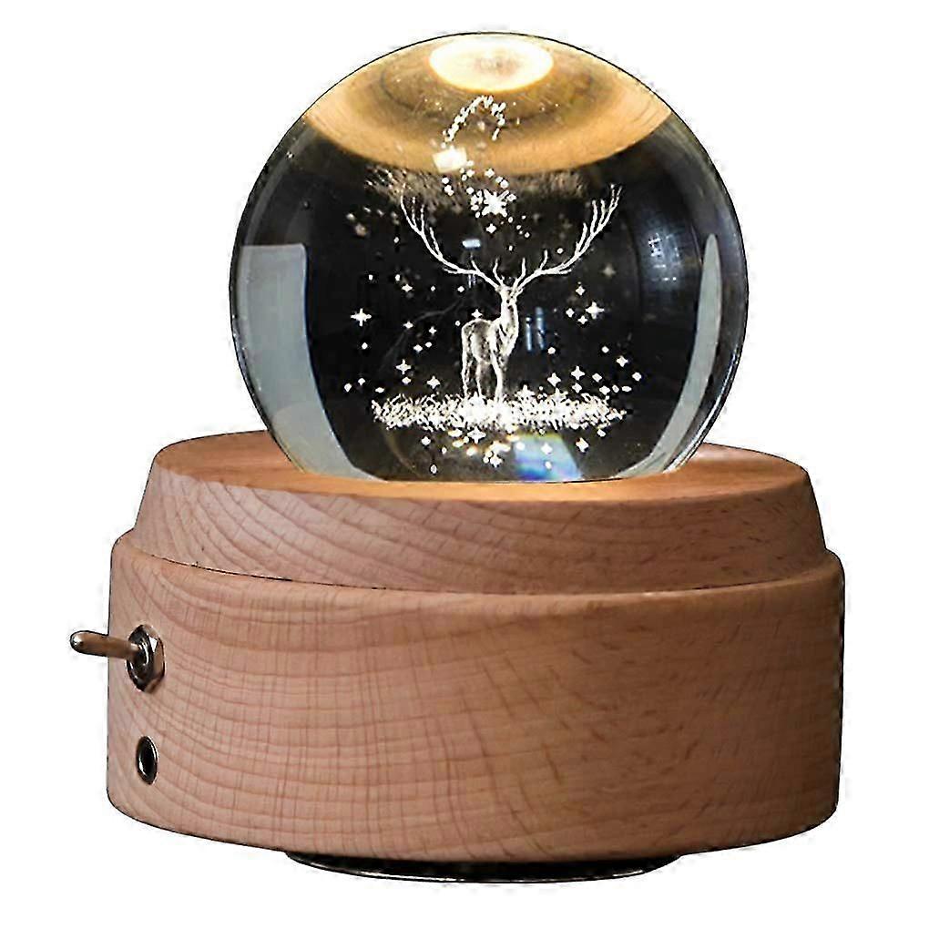 3Dクリスタルボールオルゴール 鹿型発光回転オルゴール プロジェクションLEDライト付き