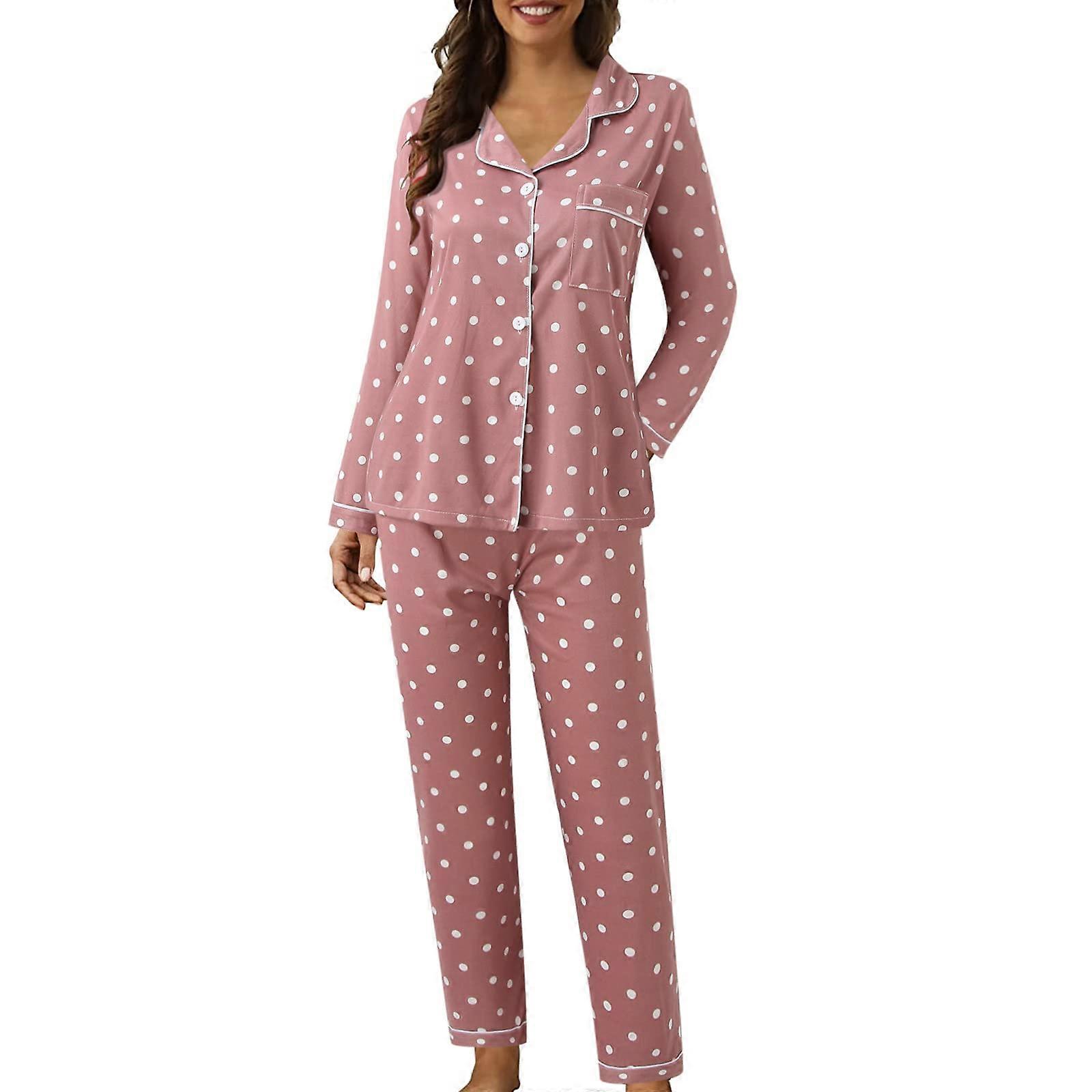 Womens Pajama Set Polka Dot Print TwoPiece, Long Sleeve Sleepwear For Cozy Comfort, Pink, Size L