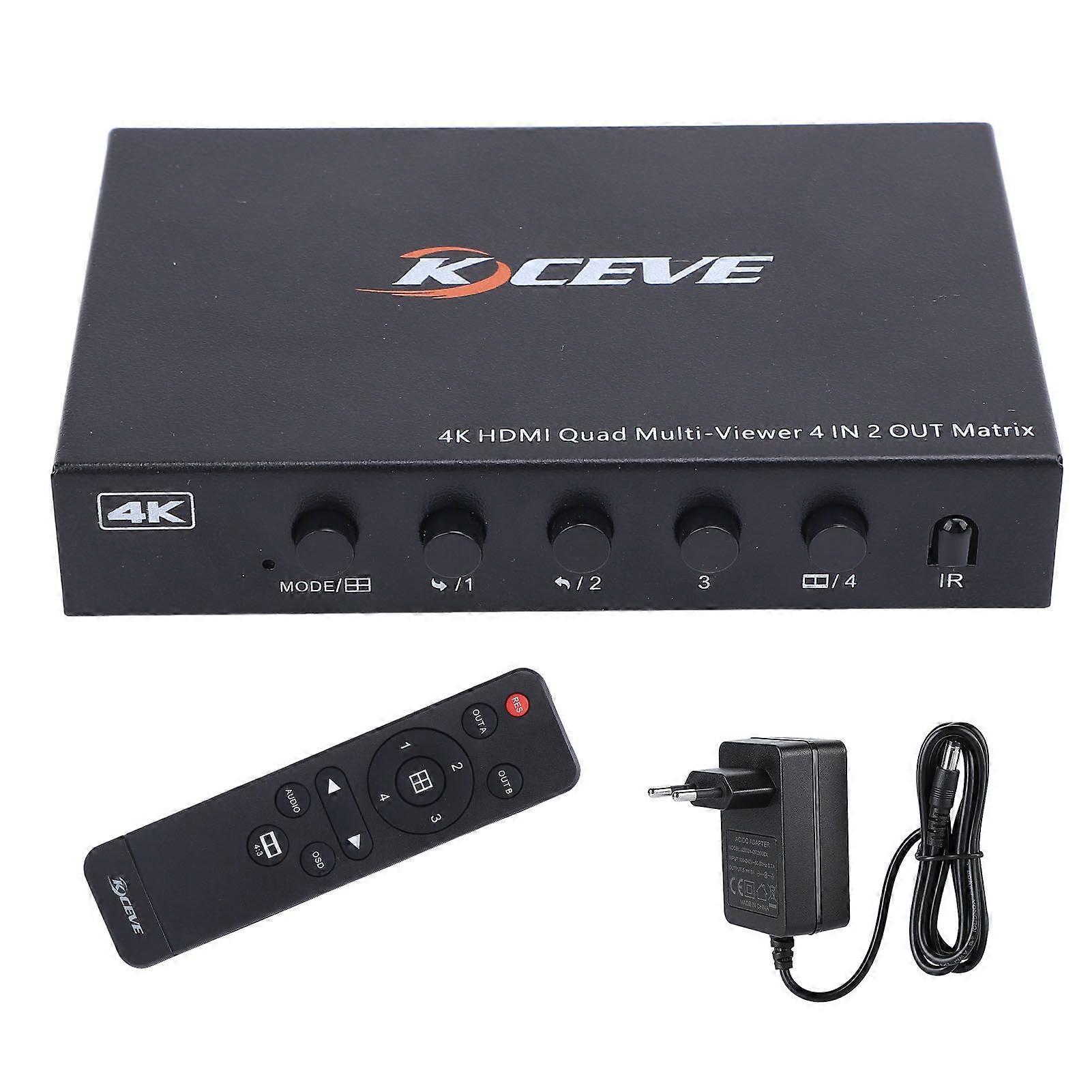 4K Multiviewer Switch 4x2 HD Multimedia Interface 4 in 2 Out 6 Display Modes Multi Viewer Seamless Switcher with Remote Control for PC Laptop EU Plug