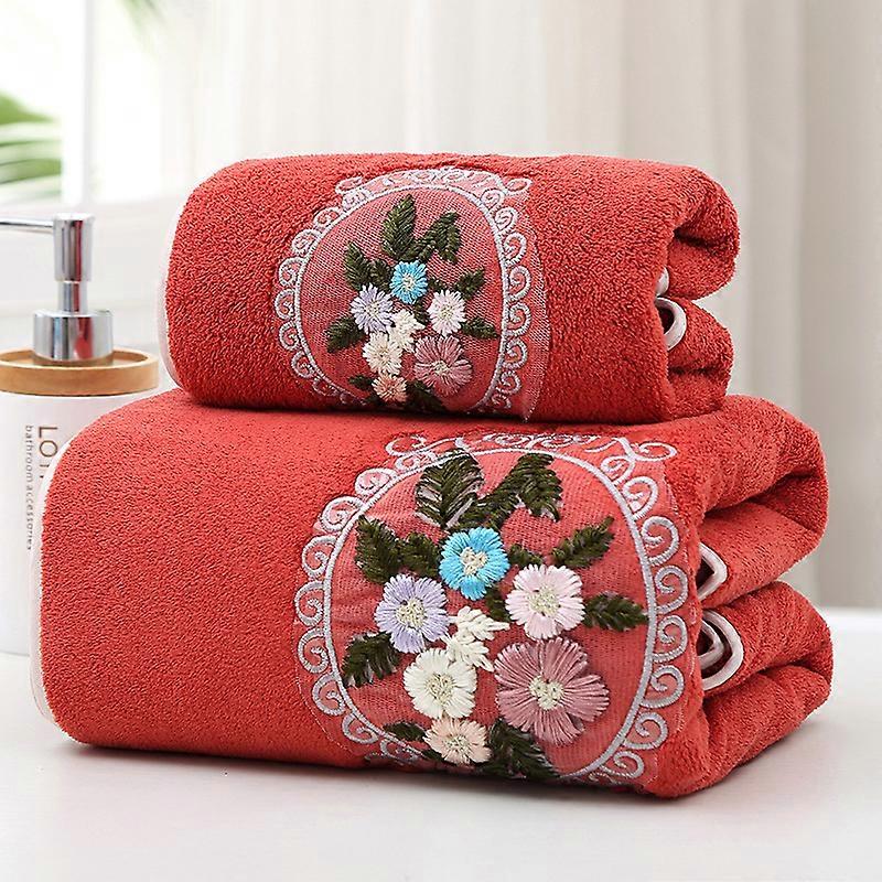 2-Piece Flower Embroidery Towel & Bath Towel Set Soft Thickened Ultra Absorbent Quick Dry for Home Use Face Washing & Bathing