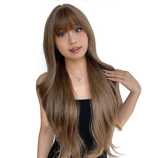 Long Brown With Fringe Machine-Made Synthetic Wig for Daily Wear – Heat-Resistant, Natural-Looking, Easy-to-Wear Hairstyle