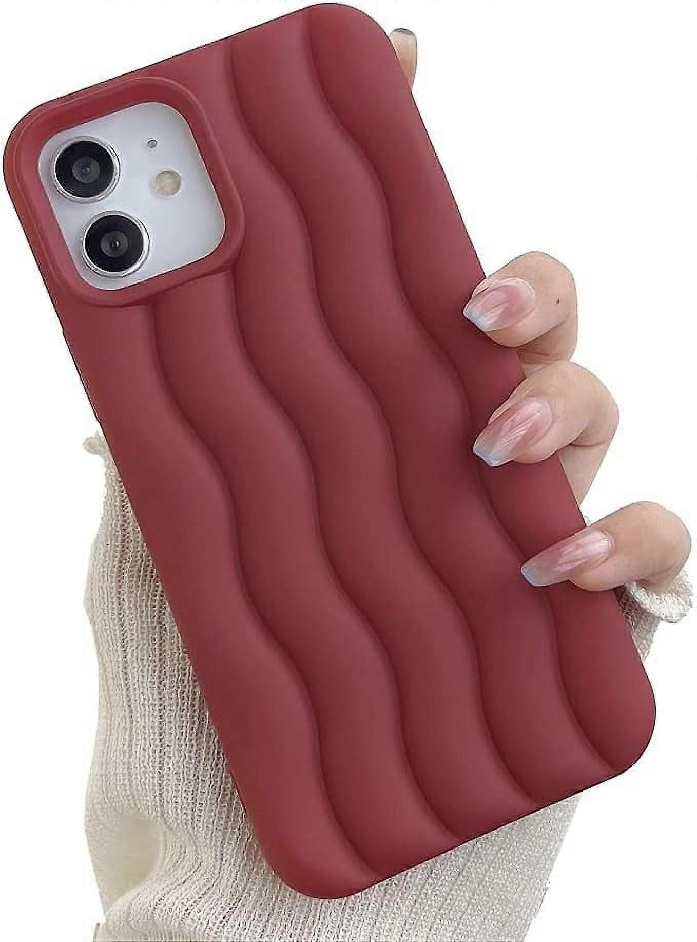 Cute 3D Wave Curly Frame iPhone Case for 13 - Soft Shockproof Silicone Bumper, Wine Color