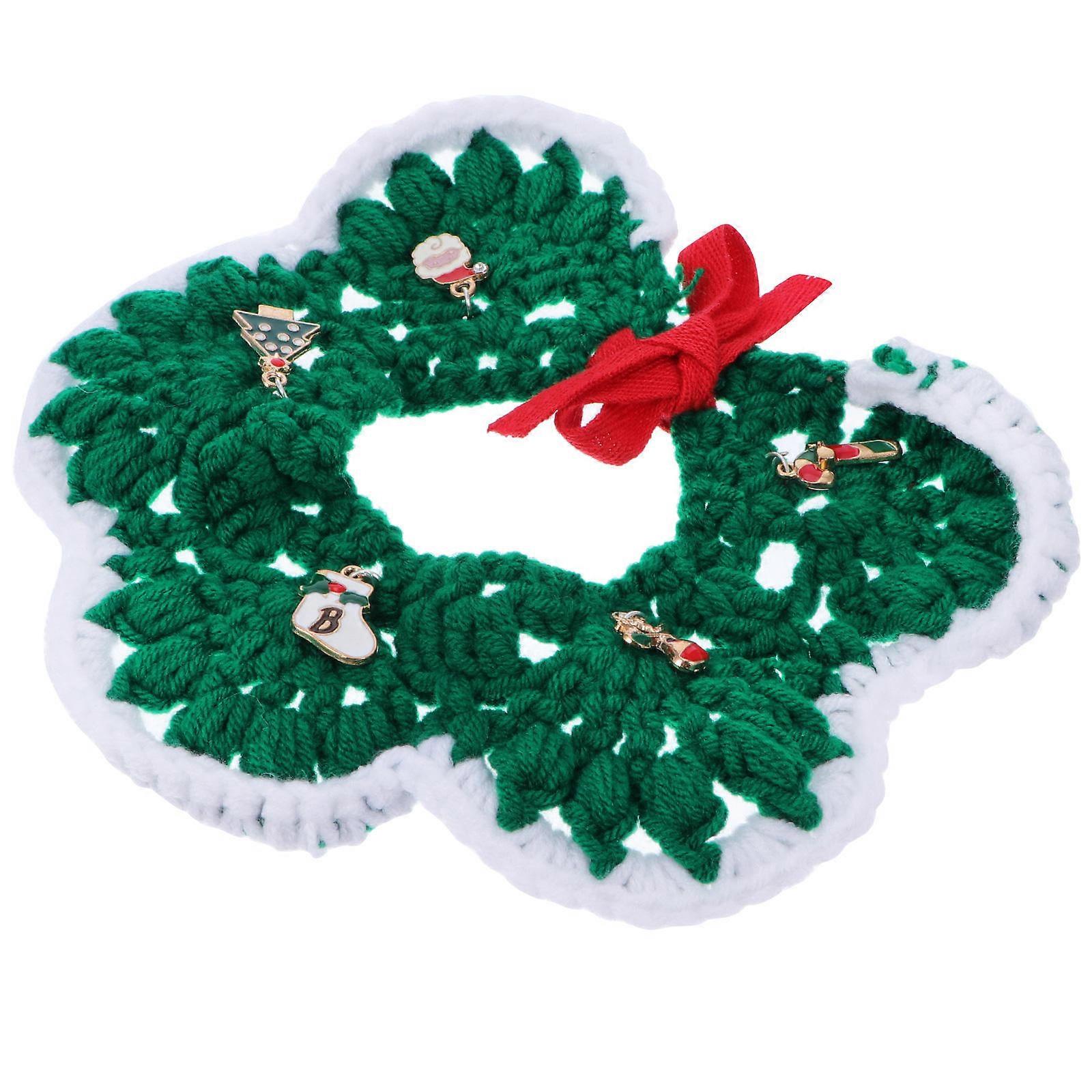 Green Christmas Pet Collar Wool for Adjustable Dog Cat Collar 2Pcs Set