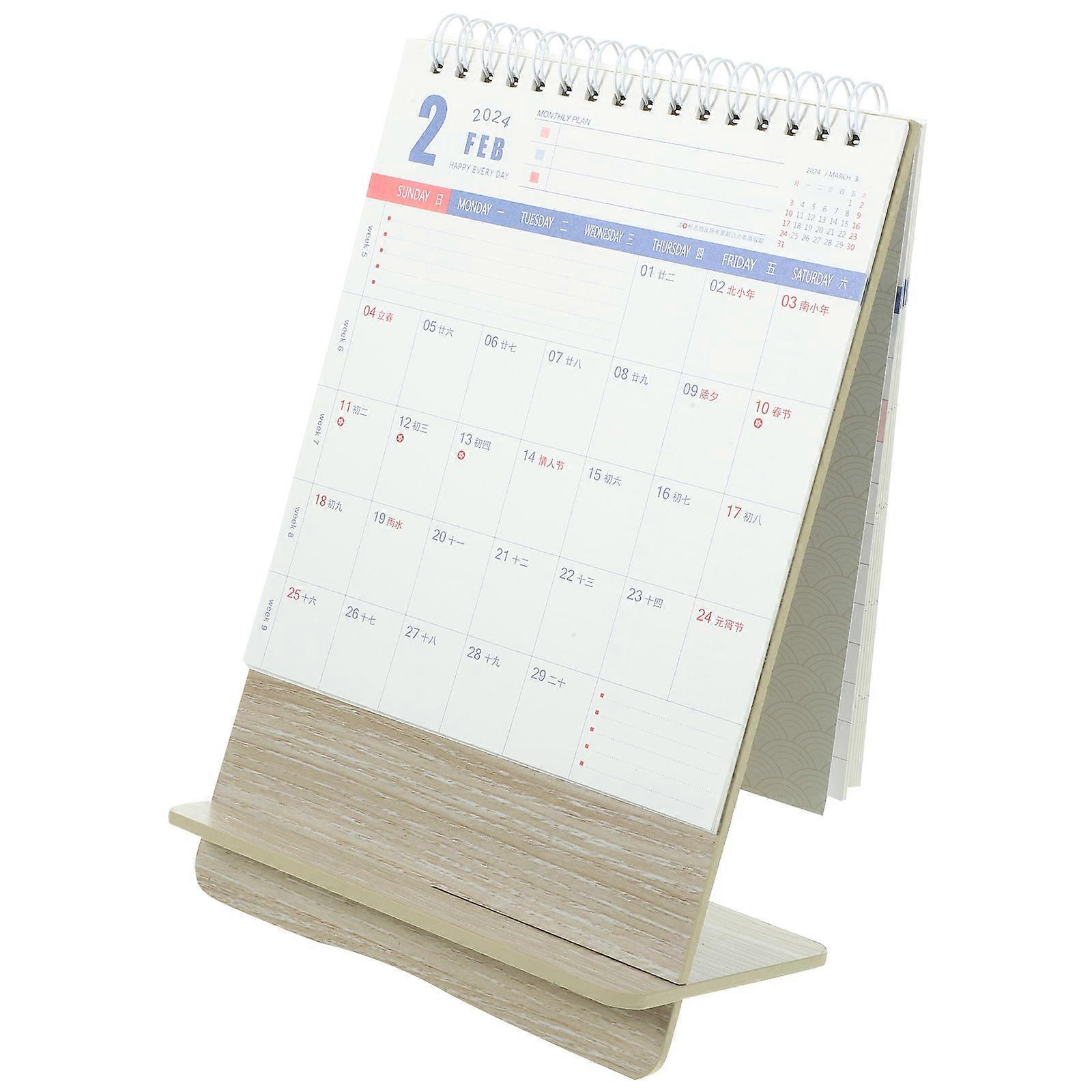2024 Desktop Calendar for Noting Standing Flip 4Pcs Paper with Wood Frame