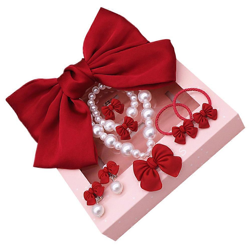 Conjunto de joias para crianças com presilha de cabelo com laço, colar, pulseira e anel, 1 conjunto de resina vermelha