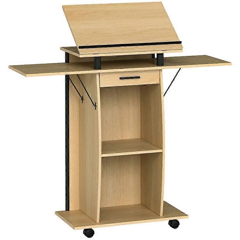 Oak HOMCOM Folding Podium Stand Laptop Desk Drawer Shelves