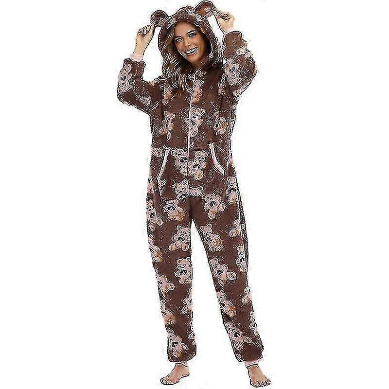 Kvinnors vinter varma pyjamas Söt björnmönster dragkedja Långärmad huva Jumpsuit Plush sovkläder med fickor
